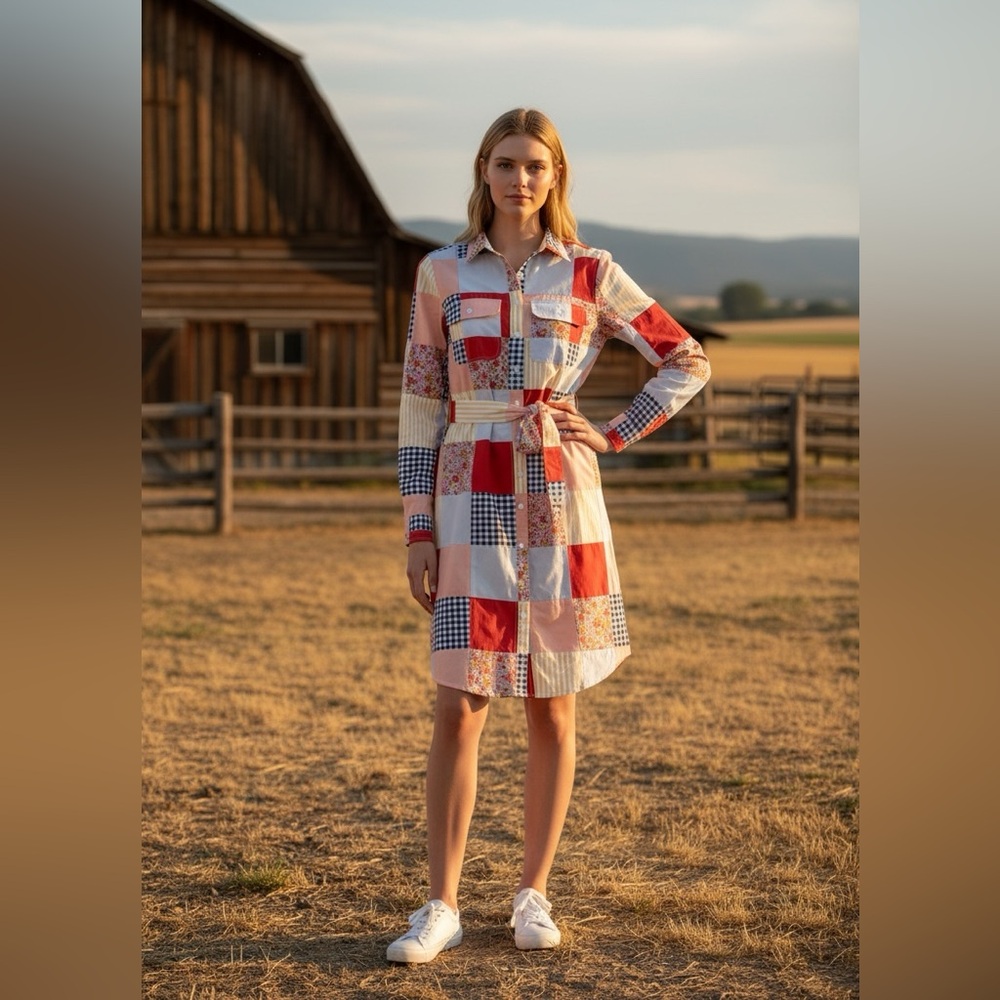 Landsend Women's Cotton Patchwork Poplin Button Front Shirt Dress